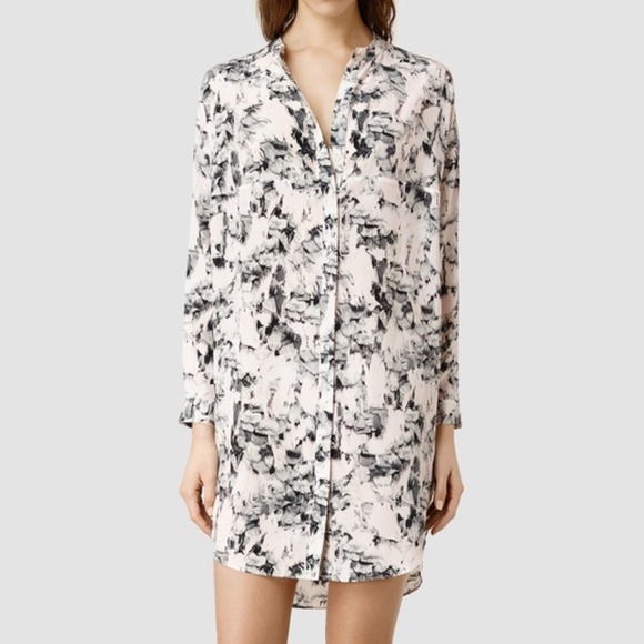 All Saints 100% Silk Floral Print Helle Dazzle Shirt Dress ~ Size 8 - Picture 1 of 9